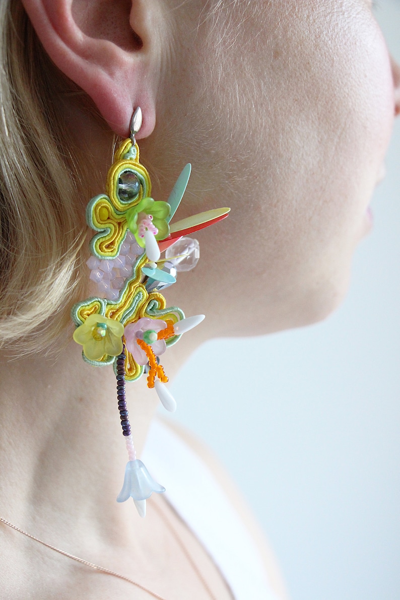 Beaded Soutache earrings, playful yellow earrings, floral beaded earrings, bead flower earrings, colorful funny earrings, Soutache Jewelry image 4