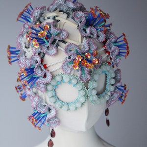 Beaded masquerade mask headpiece, Haute couture fashion headdress design image 4