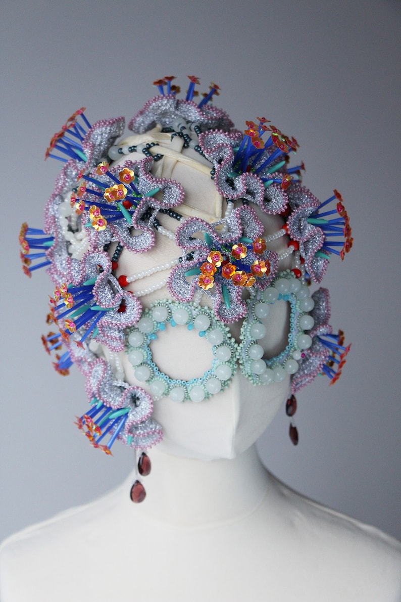 Beaded masquerade mask headpiece, Haute couture fashion headdress design image 4