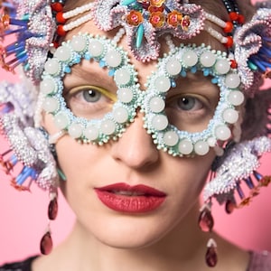 Beaded masquerade mask headpiece, Haute couture fashion headdress design image 1