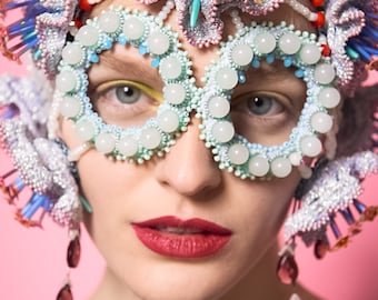 Beaded masquerade mask headpiece, Haute couture fashion headdress design
