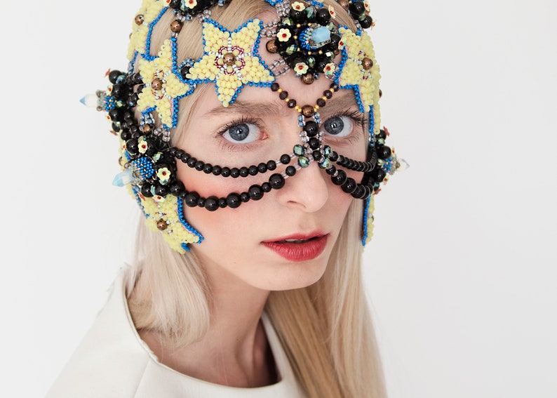 Avantgarde headpiece, beaded headdress, couture headwear, turtle mask, Wearable costume jewelry, Haute couture hat image 9