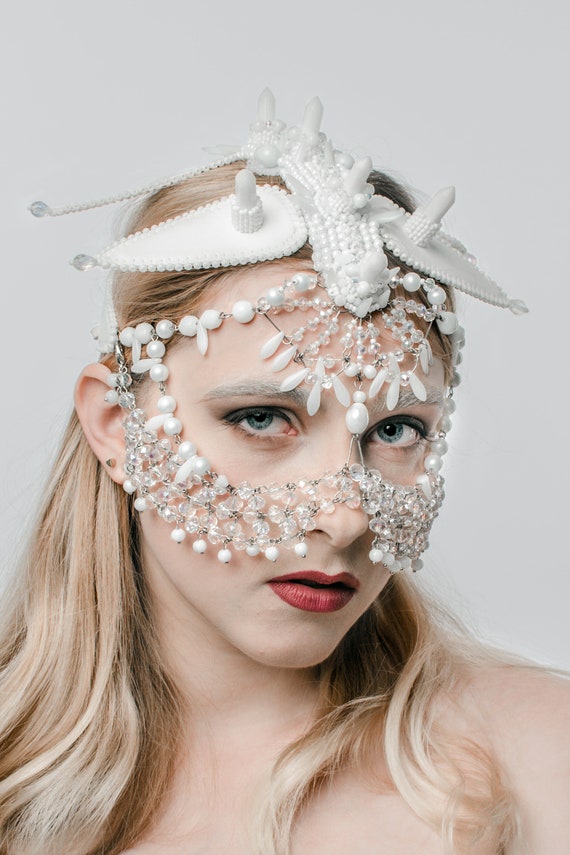 White Face Chain Beaded Headpiece Mask Etsy Australia