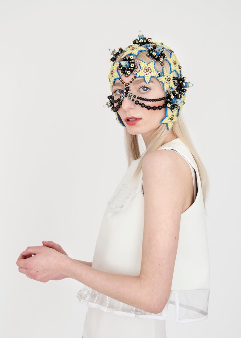 Avantgarde headpiece, beaded headdress, couture headwear, turtle mask, Wearable costume jewelry, Haute couture hat image 6