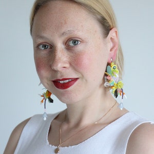 Beaded Soutache earrings, playful yellow earrings, floral beaded earrings, bead flower earrings, colorful funny earrings, Soutache Jewelry image 7