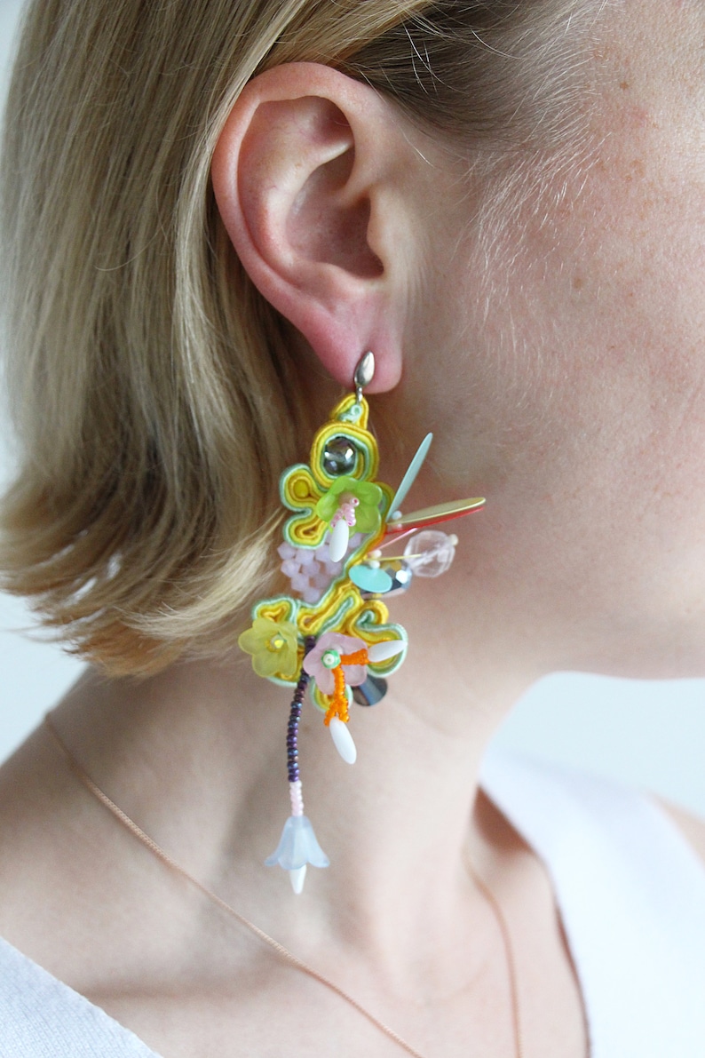 Beaded Soutache earrings, playful yellow earrings, floral beaded earrings, bead flower earrings, colorful funny earrings, Soutache Jewelry image 10