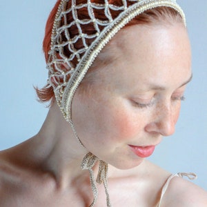 Beige Crochet Net Headband Summer Headwear Hair Accessories Decorated With Beads Head Jewelry Piece For Wedding image 5