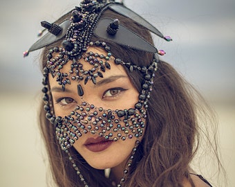 Fetish black Goddess headpiece, festival headdress, rave wear, dark beauty fashion accessories, rave mask, burning man costume, Club wear