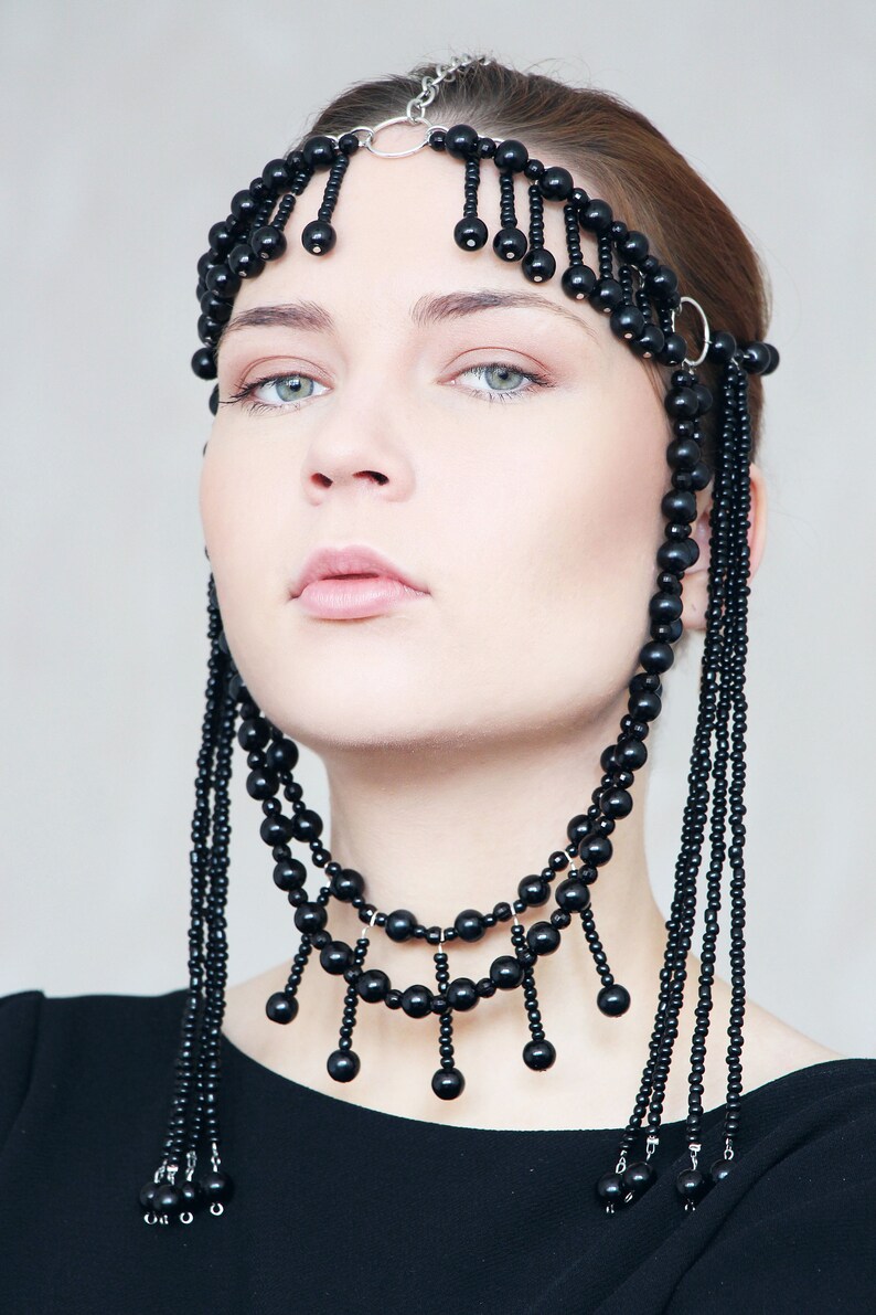 Black Beaded Headdress Burning Man Bead Headpiece Ethnical Etsy