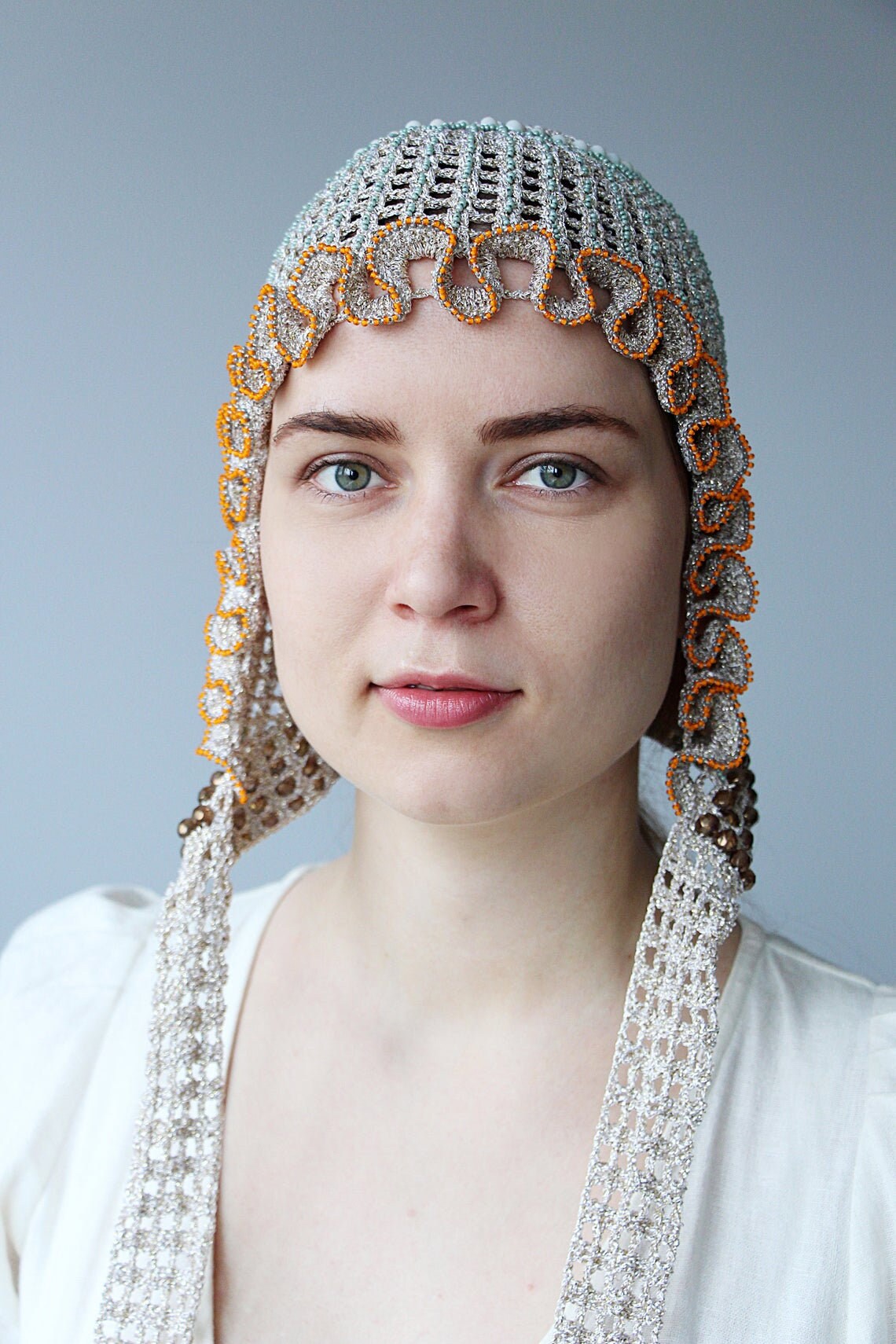 Crochet Head Covering Beaded Hat Scarf With Long Ribbon Ties Crochet Head Covering Beaded Hat Scarf With Long Ribbon Ties