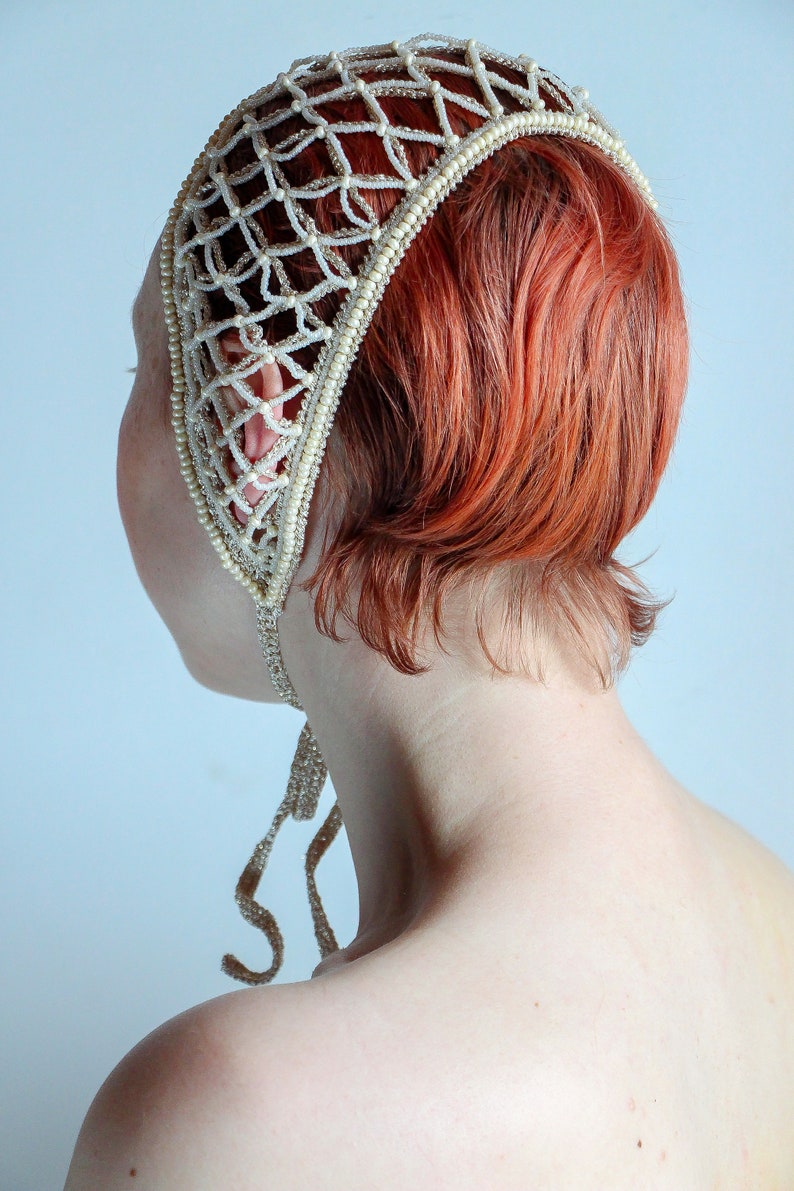 Beige Crochet Net Headband Summer Headwear Hair Accessories Decorated With Beads Head Jewelry Piece For Wedding image 8
