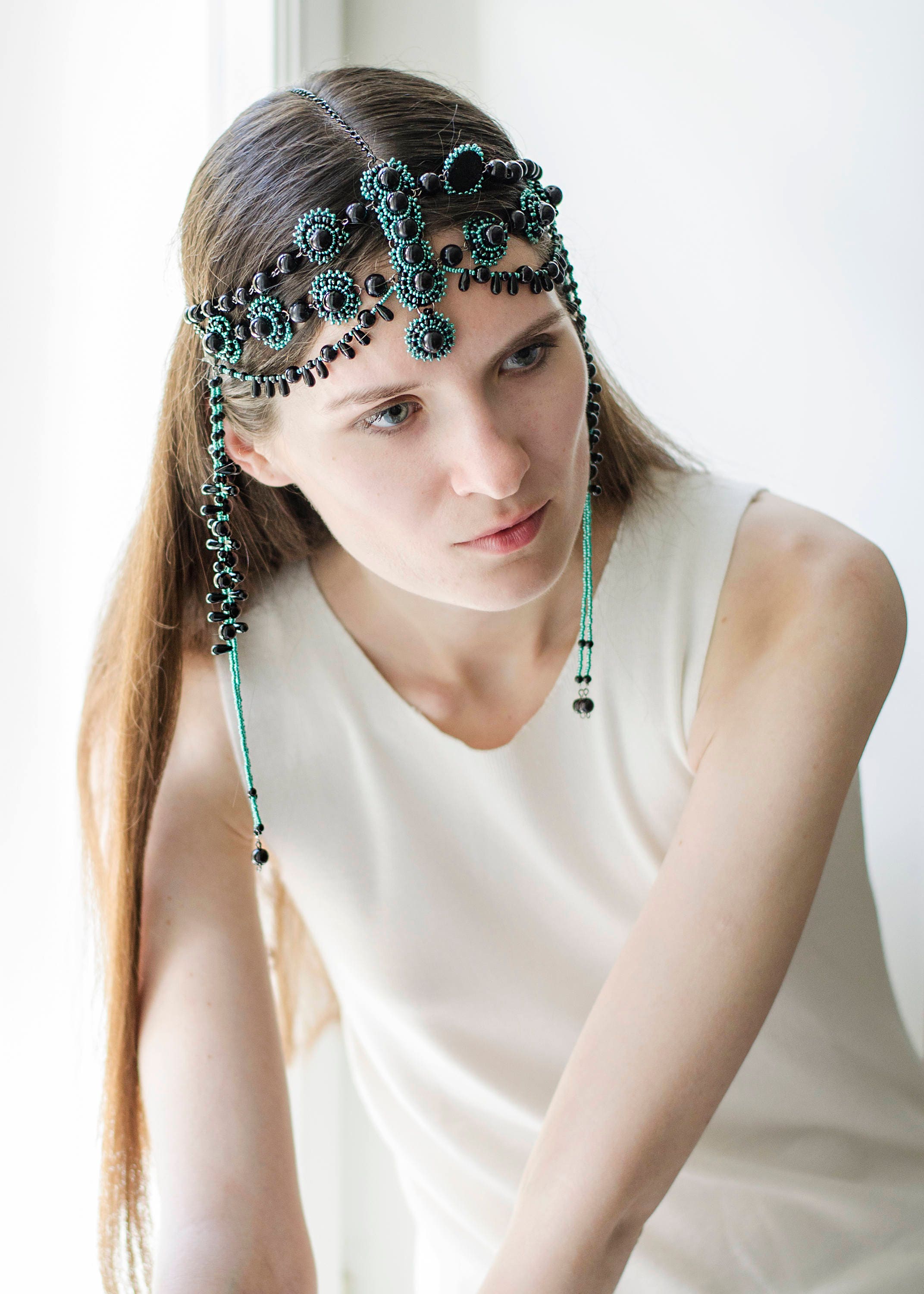 Black Head jewelry beaded head piece black green forehead Etsy