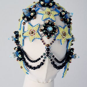 Avantgarde headpiece, beaded headdress, couture headwear, turtle mask, Wearable costume jewelry, Haute couture hat image 3