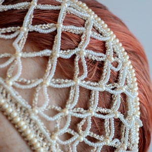 Beige Crochet Net Headband Summer Headwear Hair Accessories Decorated With Beads Head Jewelry Piece For Wedding image 4