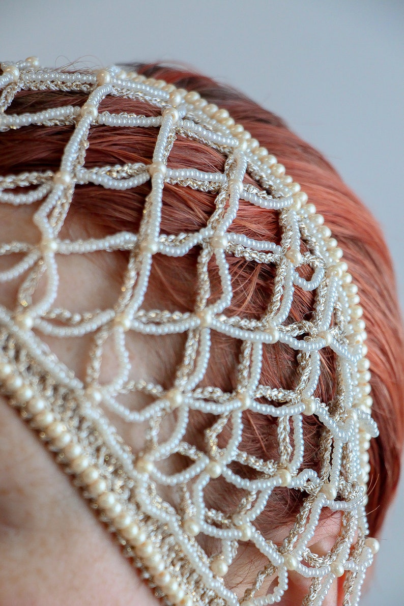 Beige Crochet Net Headband Summer Headwear Hair Accessories Decorated With Beads Head Jewelry Piece For Wedding image 4