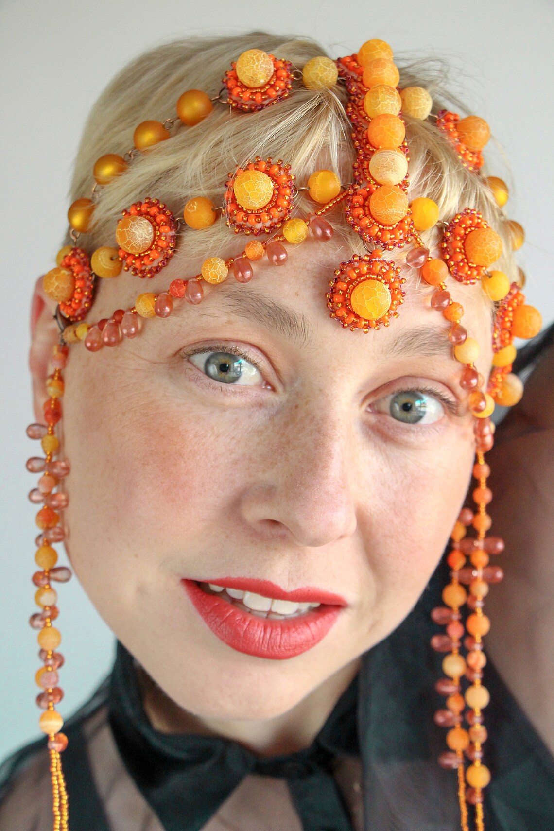 Orange Headpiece Art Deco Headwear Beaded Headdress Head Etsy