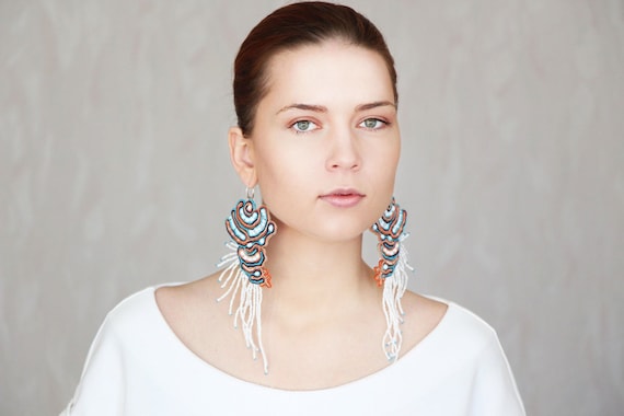 Beaded Fringe Earrings Extra Large Earrings Statement Soutache Earrings Large Dangle Earrings Big White Fringe Earrings Wedding Jewelry Etsy