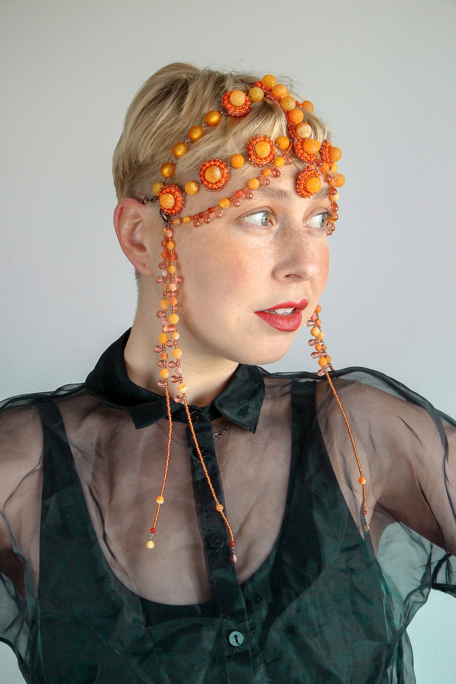 Orange Headpiece Art Deco Headwear Beaded Headdress Head Etsy