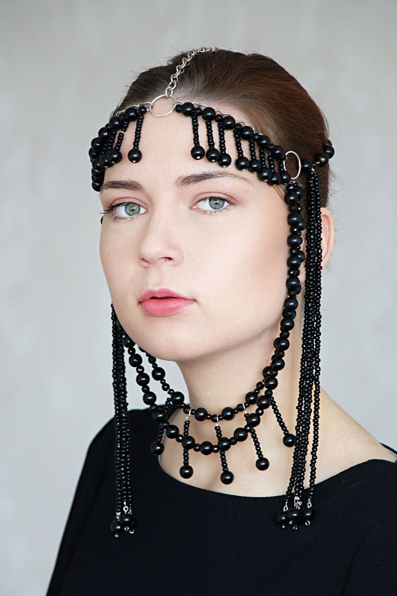Black Beaded Headdress Burning Man Bead Headpiece Ethnical Etsy