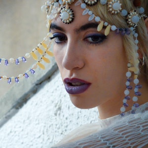 Boho Wedding Beaded Headpiece, Bridal Hair Jewelry, Art Deco Flapper Headdress Made Of White Agate Gemstone And Purple Drop Beads image 6