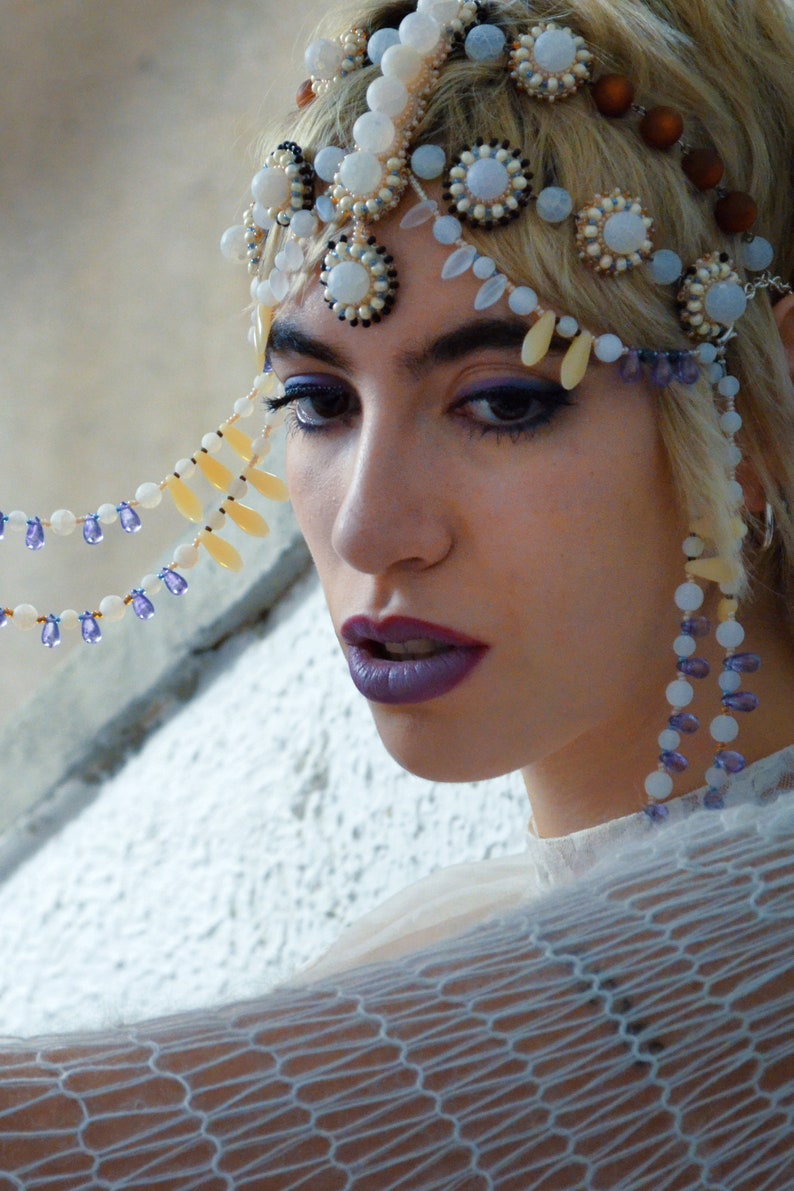 Boho Wedding Beaded Headpiece, Bridal Hair Jewelry, Art Deco Flapper Headdress Made Of White Agate Gemstone And Purple Drop Beads image 6