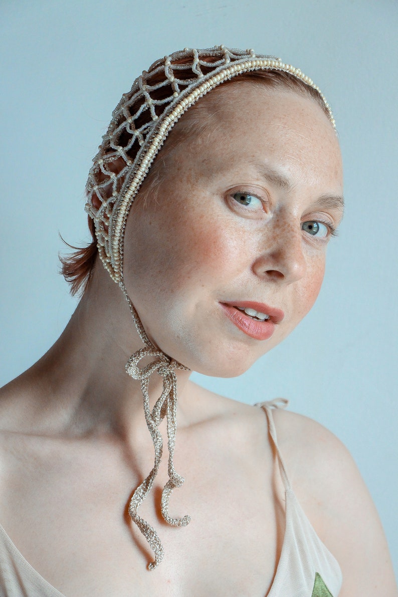 Beige Crochet Net Headband Summer Headwear Hair Accessories Decorated With Beads Head Jewelry Piece For Wedding image 7