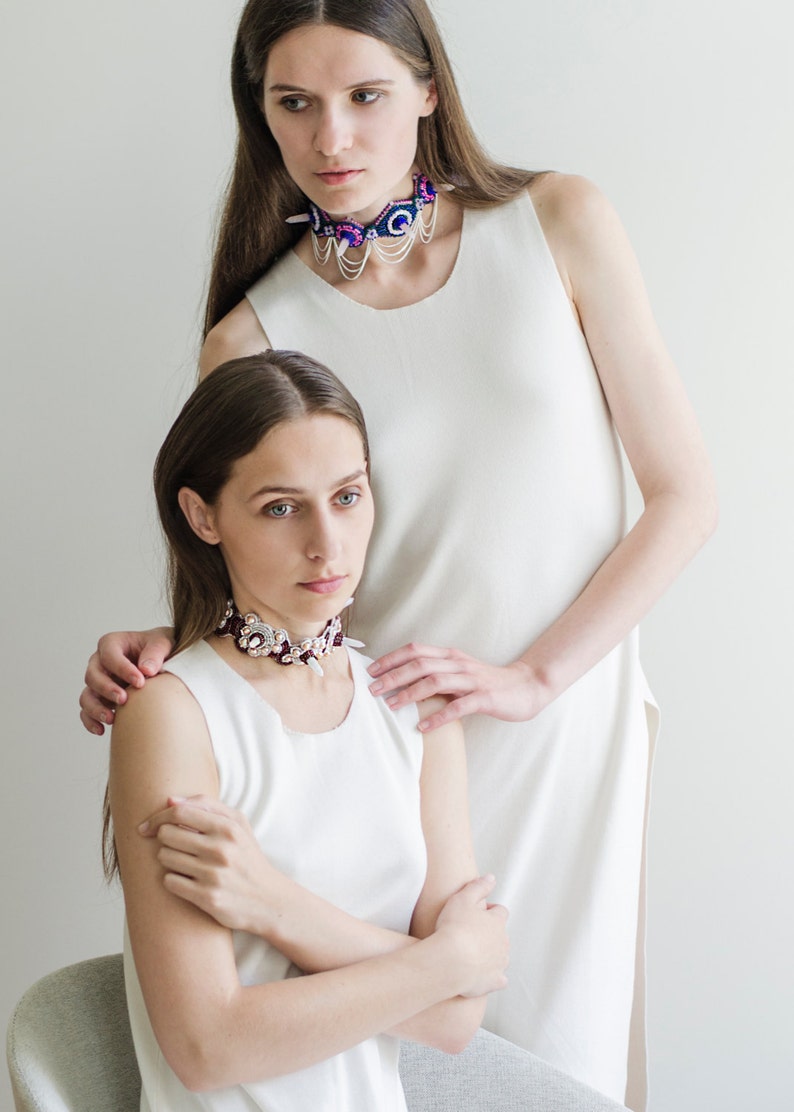 Jade quartz spiked choker collar, Gemstone choker necklace, Beaded pearl choker, Gift for women image 3