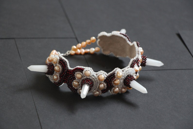 Jade quartz spiked choker collar, Gemstone choker necklace, Beaded pearl choker, Gift for women image 5