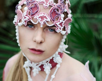 Bohemian pink wedding headpiece, fascinator hat