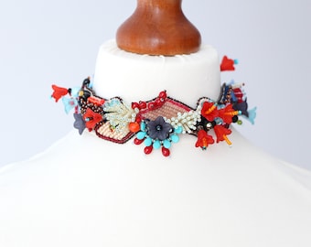 Flower choker necklaces for women and men, Bead embroidery jewelry neck piece