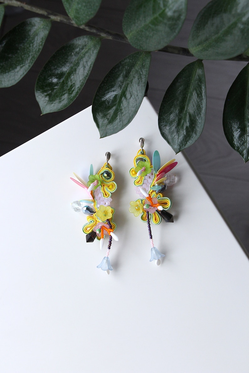 Beaded Soutache earrings, playful yellow earrings, floral beaded earrings, bead flower earrings, colorful funny earrings, Soutache Jewelry image 8