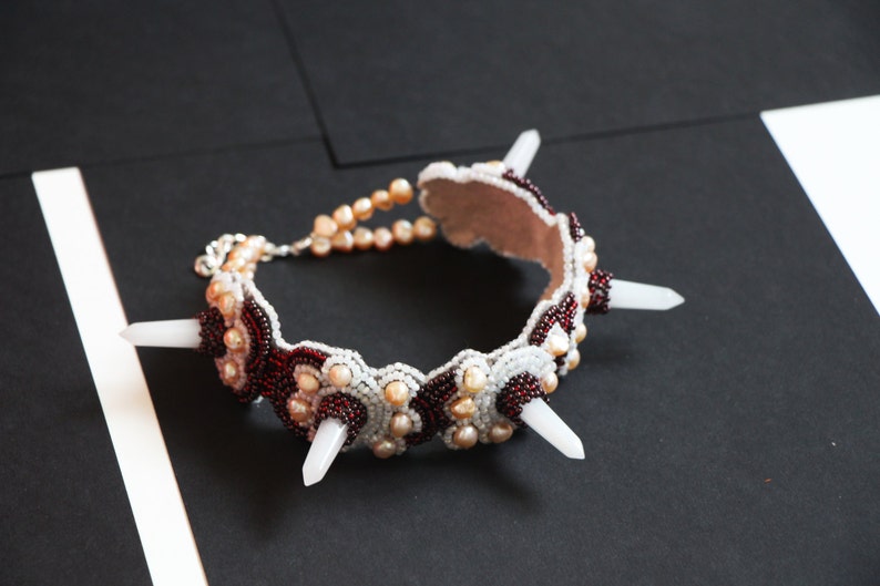 Jade quartz spiked choker collar, Gemstone choker necklace, Beaded pearl choker, Gift for women image 1