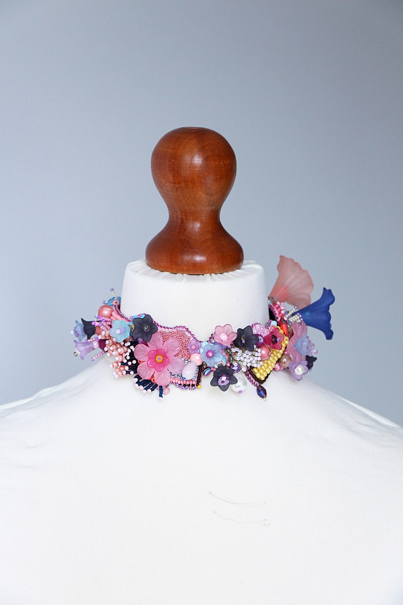 Pink collar choker for women and men, Flower choker necklace, Floral jewelry neck piece image 4