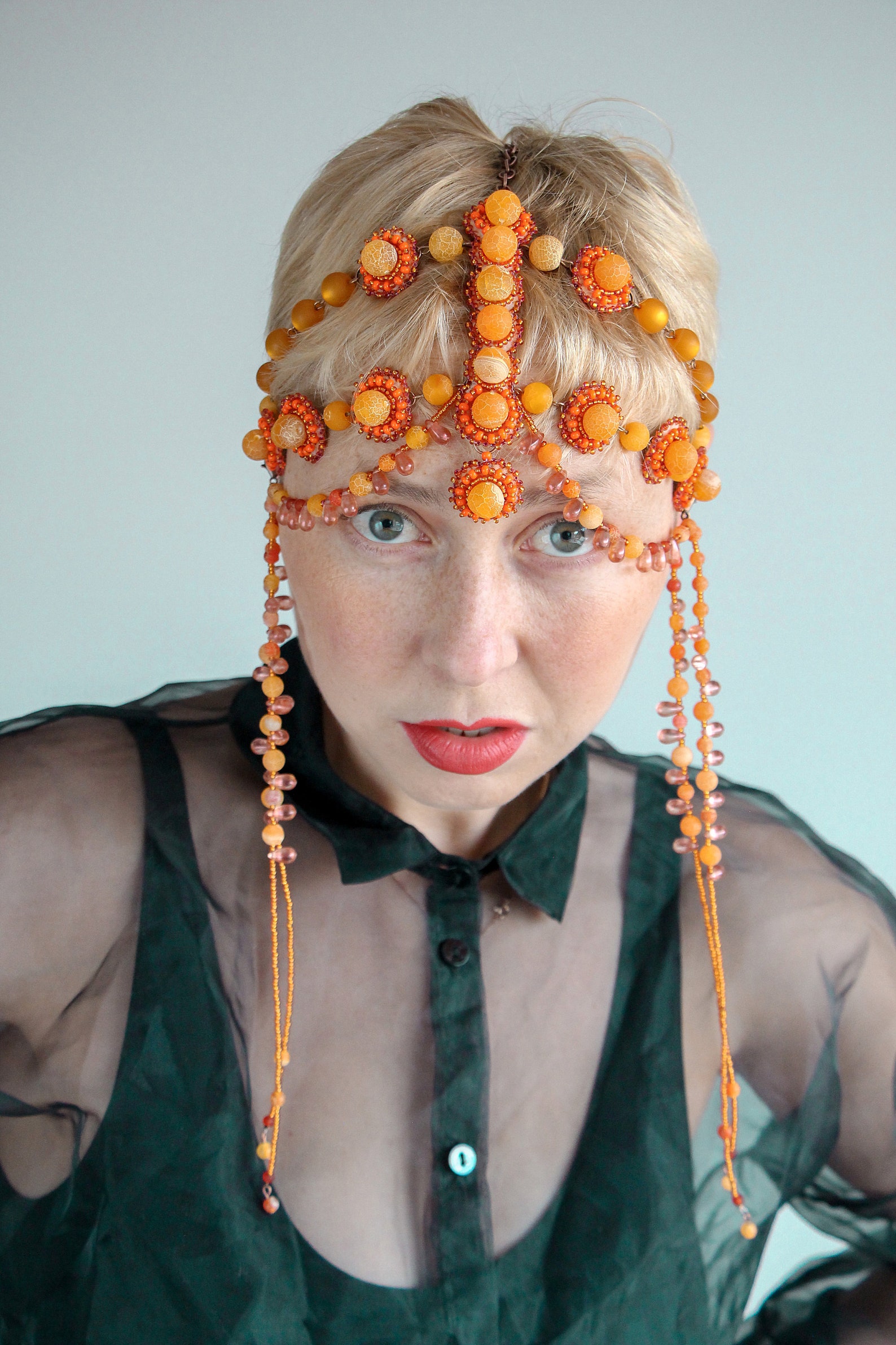 Orange Headpiece Art Deco Headwear Beaded Headdress Head Etsy