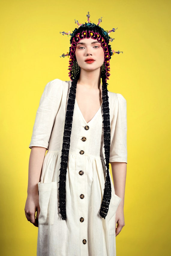 Avant Garde Crochet Ear Flap Hat, Burning Man Headdress, Festival Costume