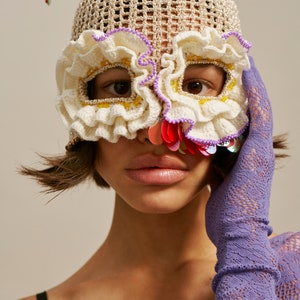 Crochet Balaclava Mask Wearable Art Headwear Headpiece Gold Lace Beaded Hat With Ruffle Eyes image 5