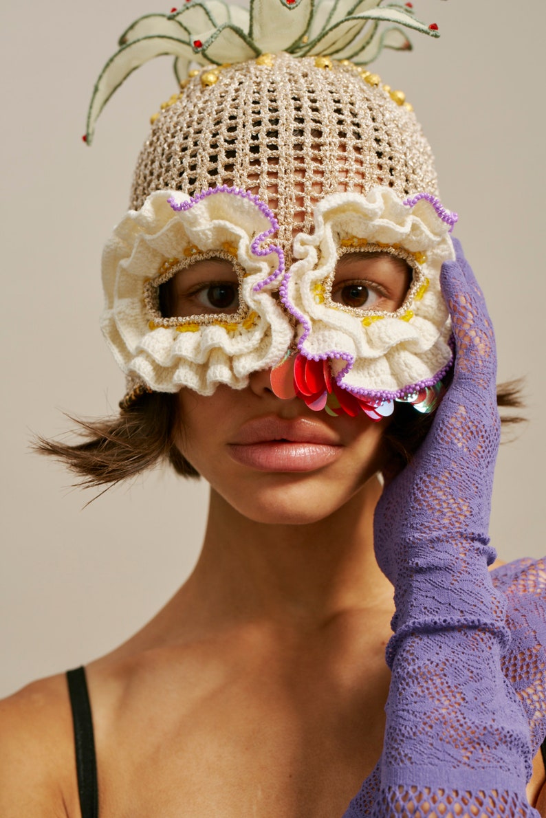 Crochet Balaclava Mask Wearable Art Headwear Headpiece Gold Lace Beaded Hat With Ruffle Eyes image 5