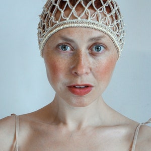 Beige Crochet Net Headband Summer Headwear Hair Accessories Decorated With Beads Head Jewelry Piece For Wedding image 3
