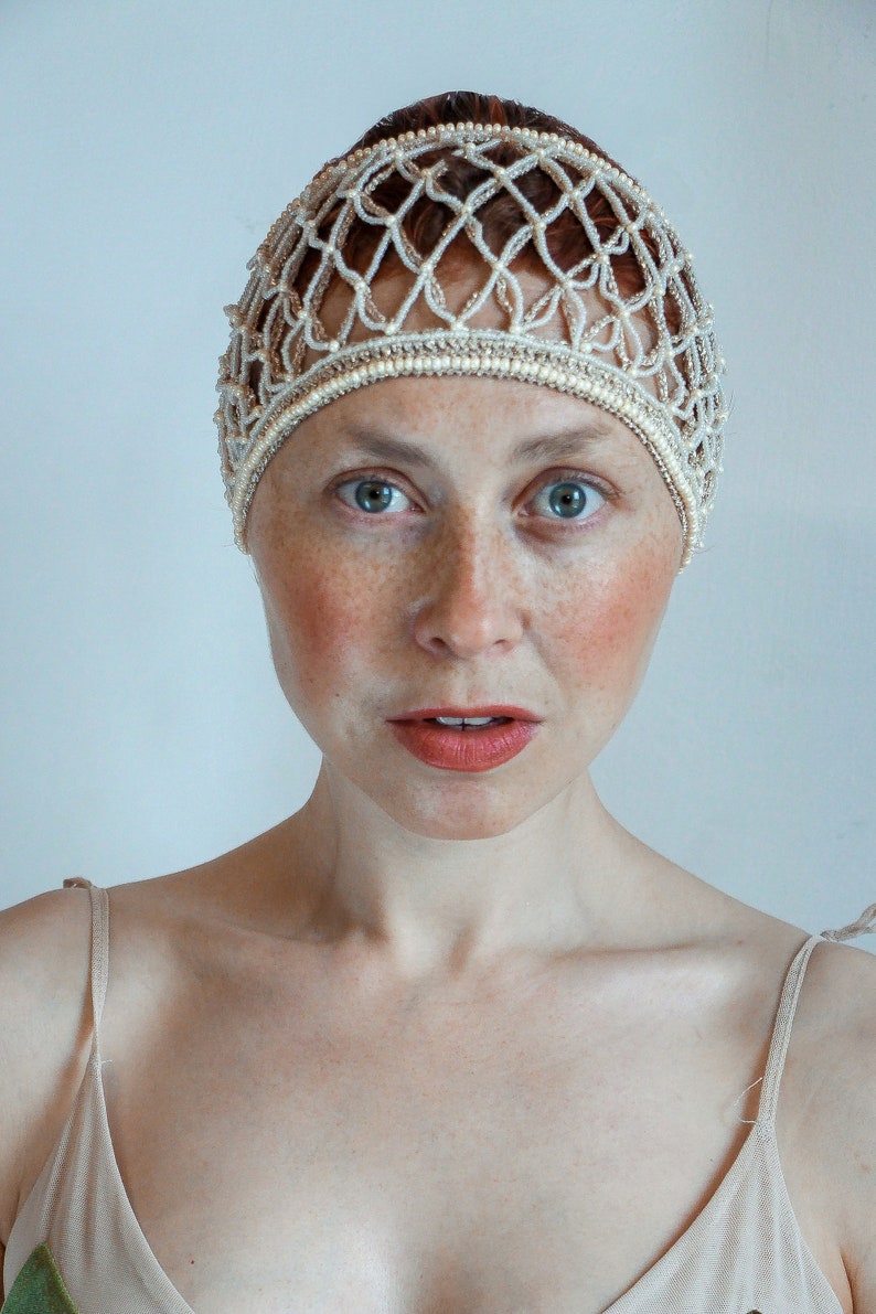 Beige Crochet Net Headband Summer Headwear Hair Accessories Decorated With Beads Head Jewelry Piece For Wedding image 3