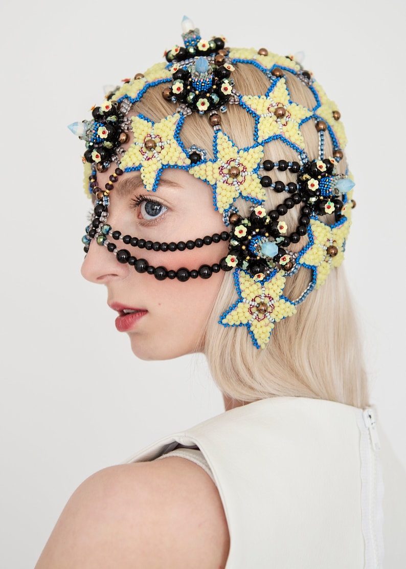 Avantgarde headpiece, beaded headdress, couture headwear, turtle mask, Wearable costume jewelry, Haute couture hat image 1