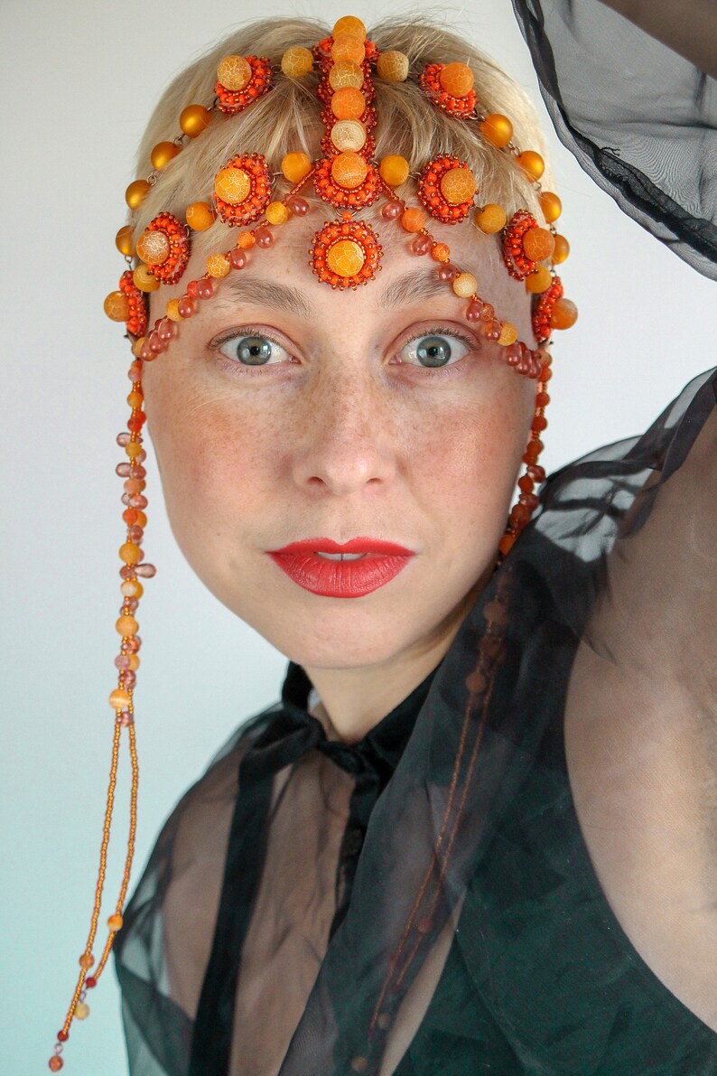 Orange Headpiece Art Deco Headwear Beaded Headdress Head Etsy