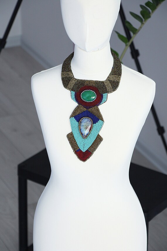 Bead Embroidery Mexican Bib Statement Collar Necklace With Two