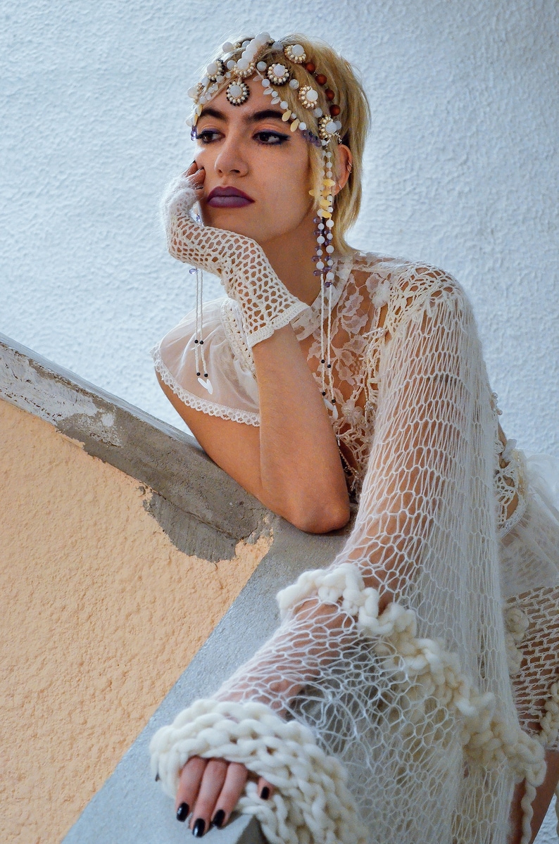 Boho Wedding Beaded Headpiece, Bridal Hair Jewelry, Art Deco Flapper Headdress Made Of White Agate Gemstone And Purple Drop Beads image 5