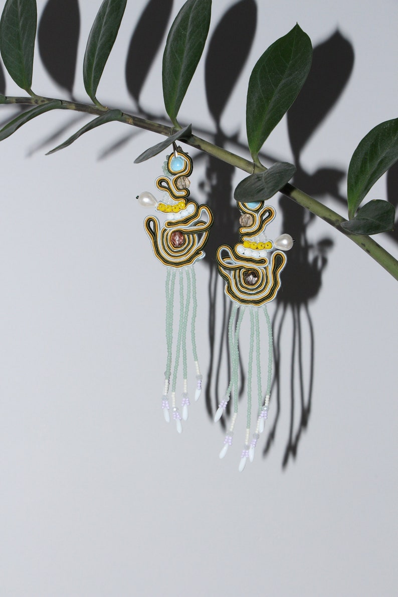 Long Soutache earrings, large fringe earrings, big beaded earrings, long dangle earrings, green yellow jewelry, Festival accessories image 5