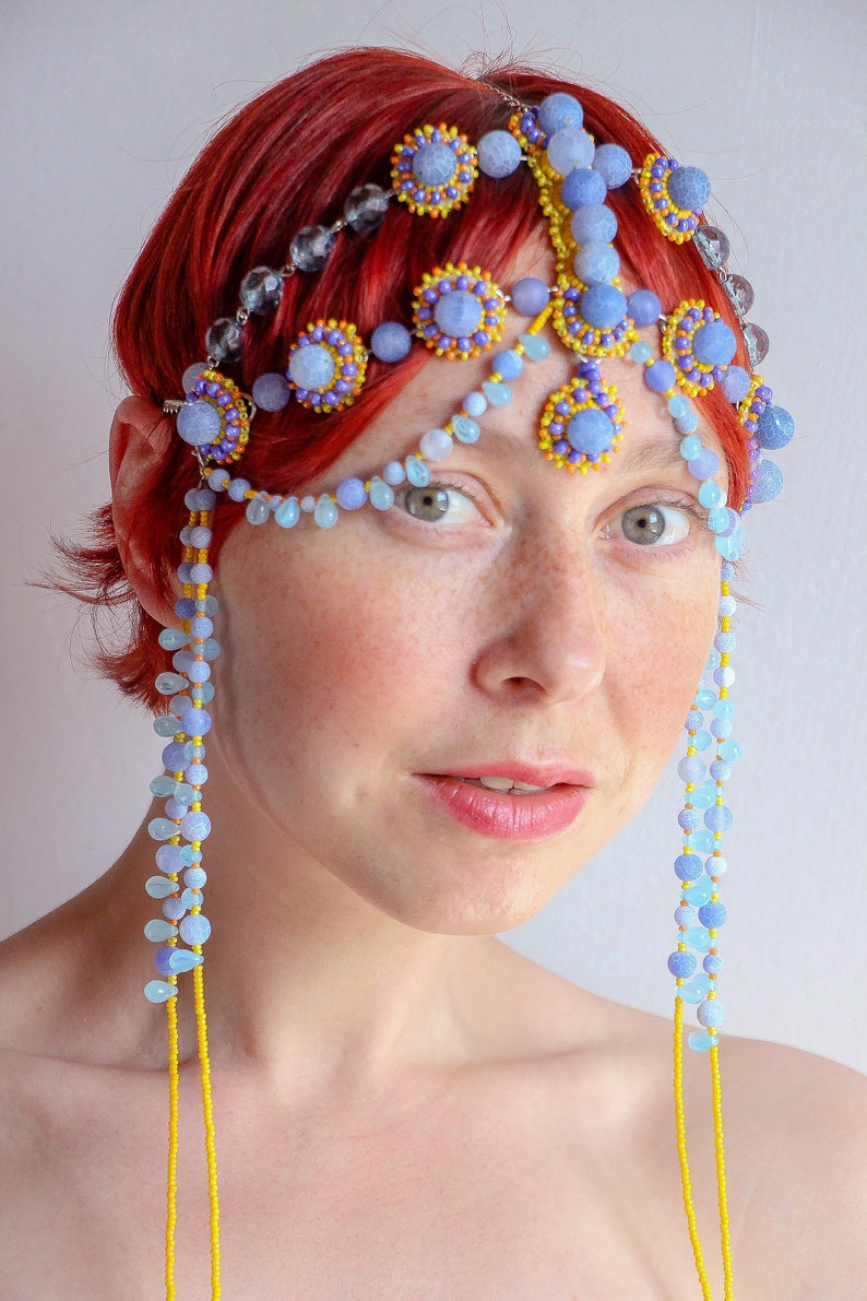 Statement Hair Jewelry Purple Beaded Headdress Wedding Forehead Headpiece Festival Hair Accessories Flapper Costume Piece Blue -Yellow