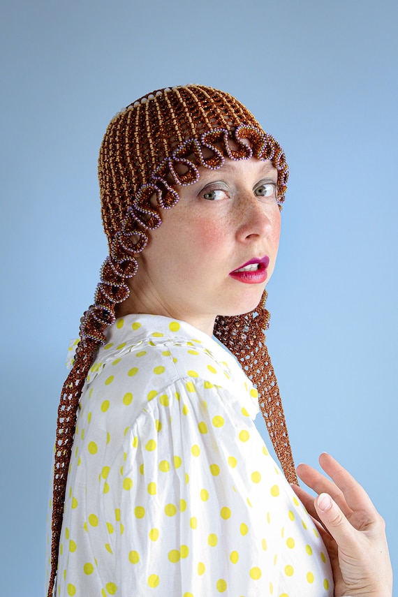 Crochet Head Covering Beaded Hat Scarf With Long Ribbon Ties Crochet Head Covering Beaded Hat Scarf With Long Ribbon Ties