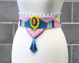 Colorful statement belt, Haute couture sash belt, Pink beaded belts for festivals, wedding, burning man costume