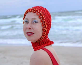 Red Crochet Hood Scarf Hats For Women And Men With Long Ribbon Tie And Crocheted Beaded Ruffles