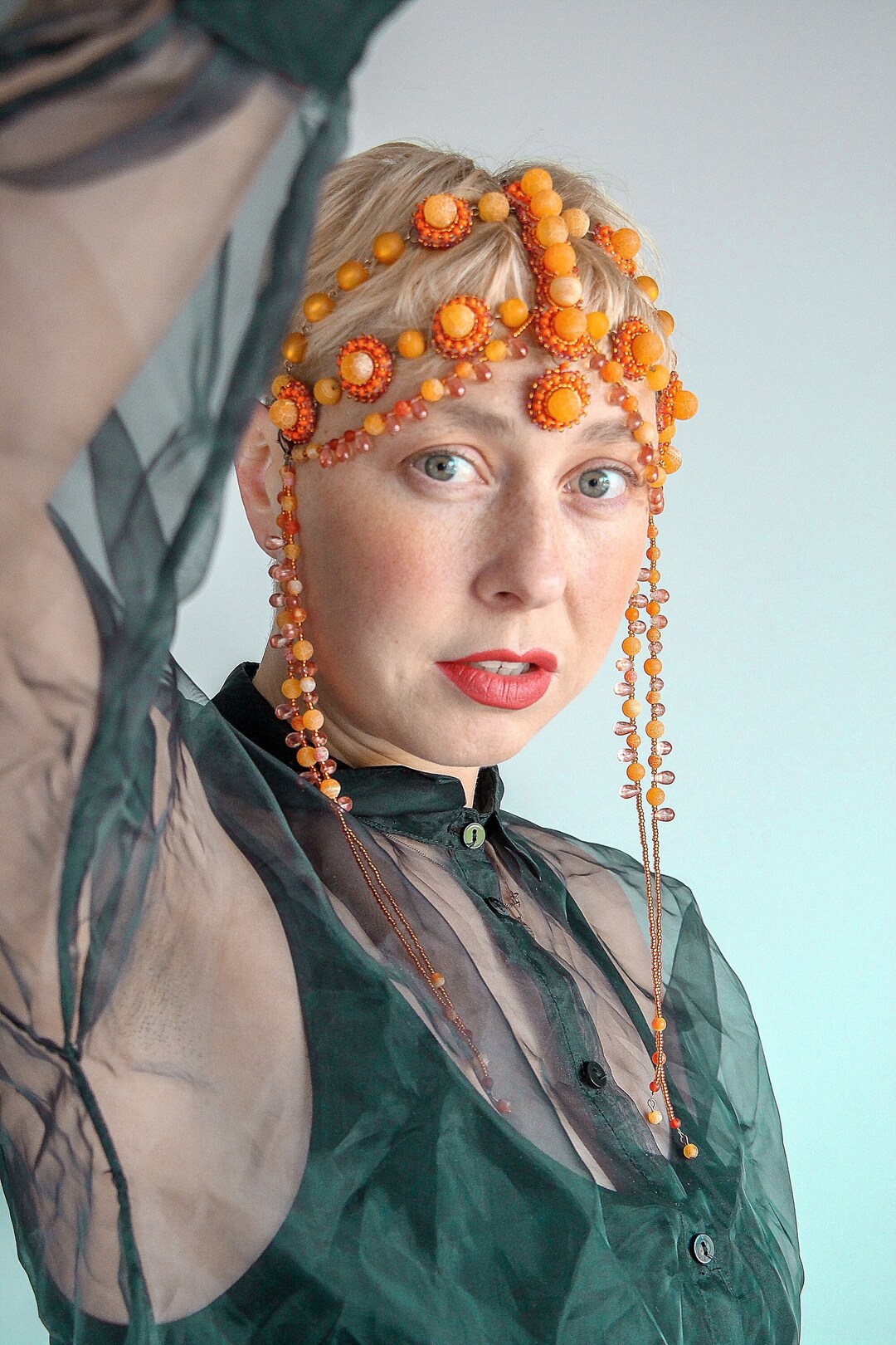 Orange Headpiece, Art Deco Headwear, Beaded Headdress, Head Chain