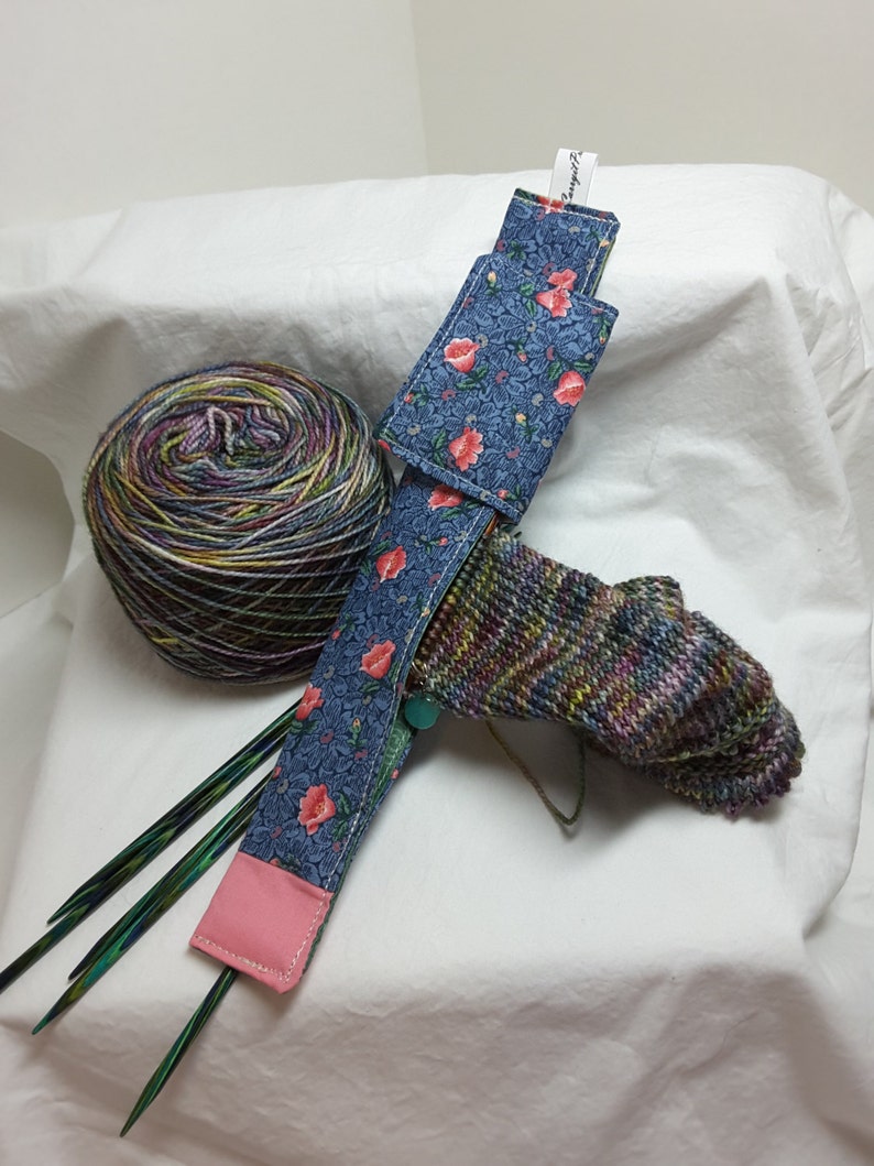 Field of blue with pink flowers double pointed needle holder for your work in progress